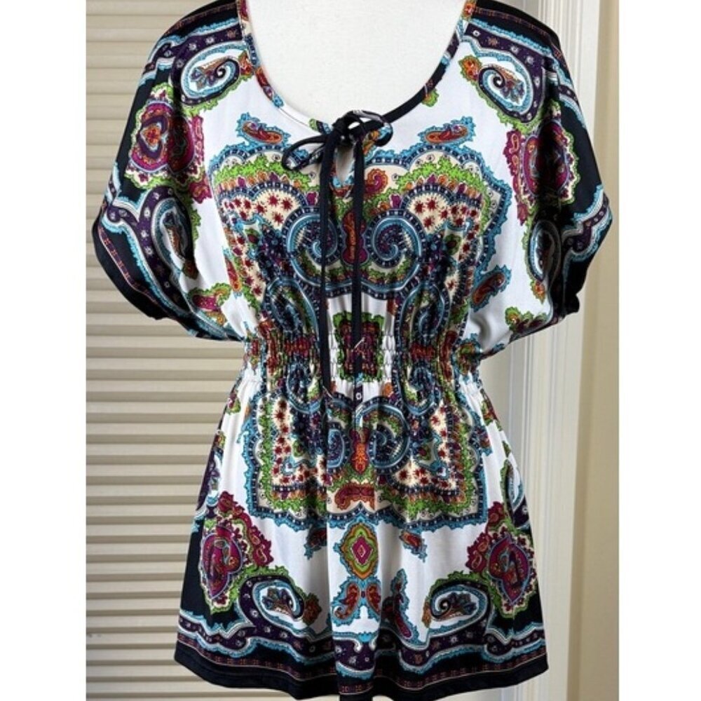 Claudia Richard Tunic Size M Multicolor Paisley Blouse Doman Kaftan Tie Front